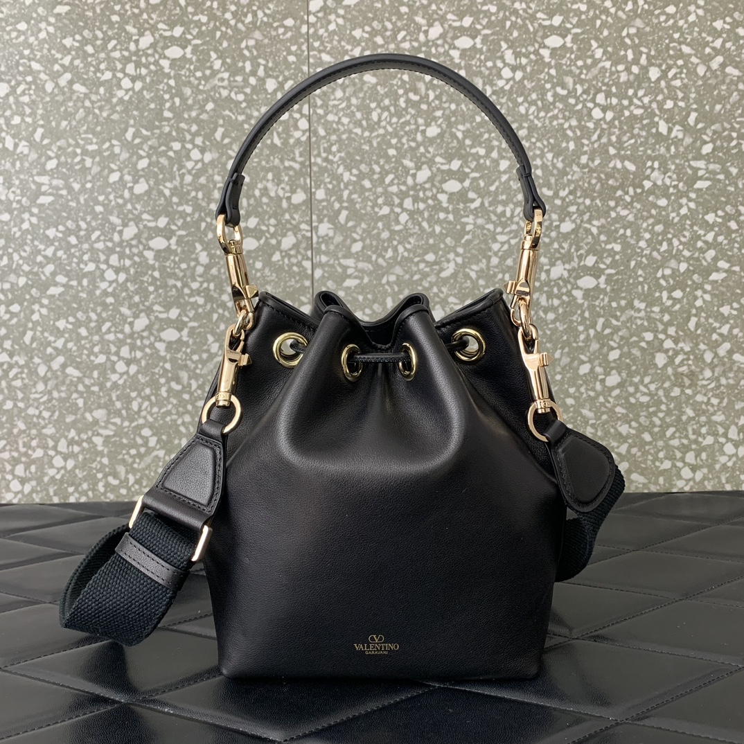 Valentino Garavani Loco Bucket Bag in Black Calfskin Leather